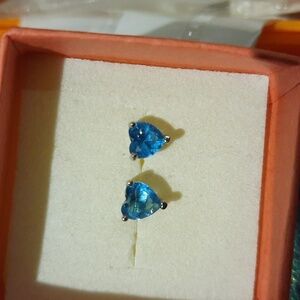 Genuine Solid Sterling Silver Heart Shaped Blue Topaz Stud Earrings